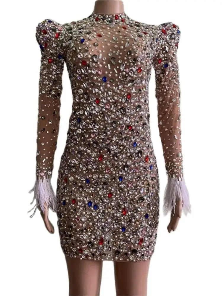 Strass sexy pena cristais coloridos pérolas malha vestido baile de formatura noite transparente multicolorido traje