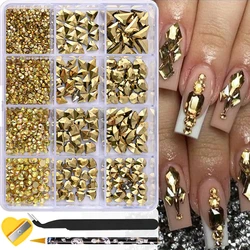 12 Grids Shiny Gold Glass Nail Rhinestones Set Multi Shapes Flatback Gems Crystal 1500Pcs+ Manicure Diomand Gemstones 1mm-8mm