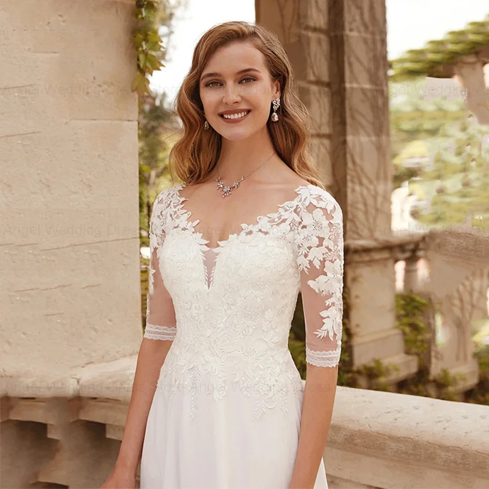 ANGEL Maßgeschneiderte elegante Brautkleider Zarte Spitze Applikationen Hochzeitskleid Chiffon Zug Robe de Mariée Bohème für die Braut