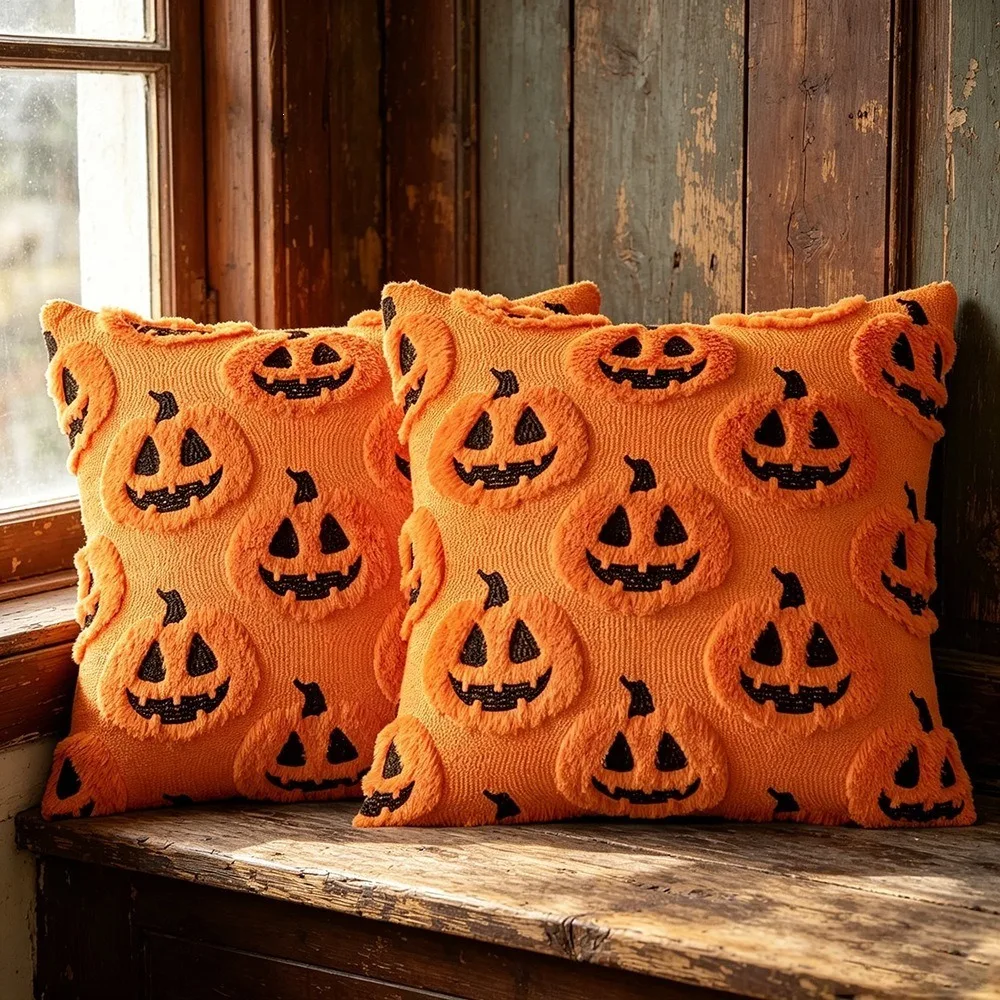1PC Halloween Pillow Cover Pumpkin Ghosts Skull Plush Embroidered Sofa Cushion Cover Throw Pillow Case Holiday Home Party Decor