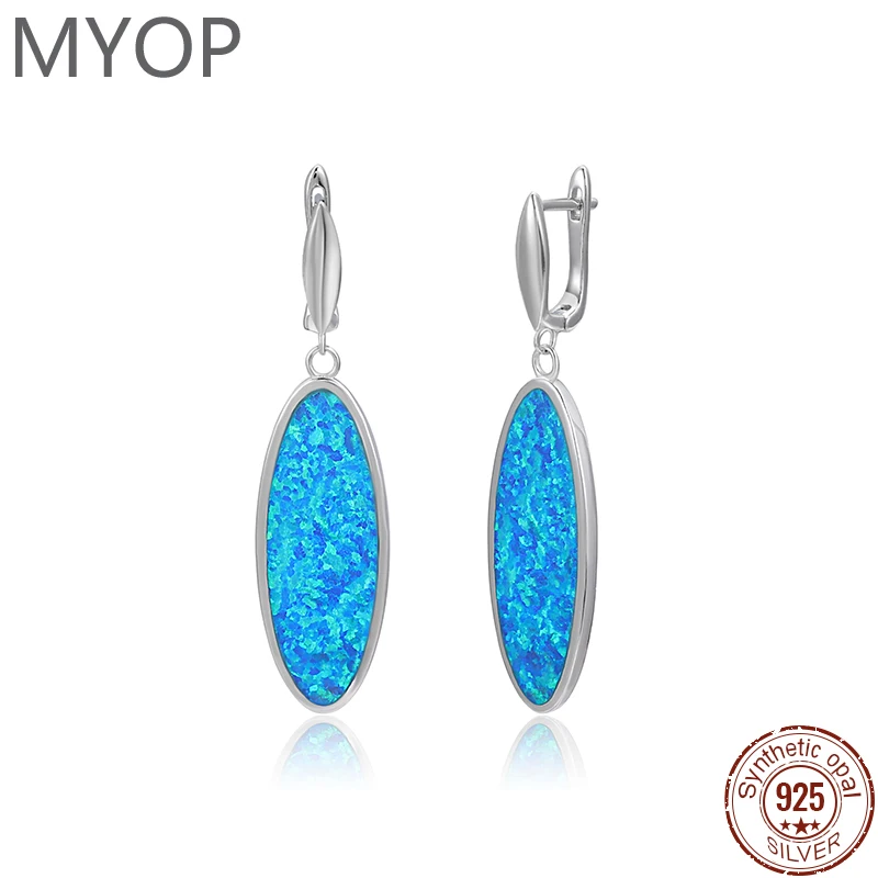 

MYOP 925 Silver Gift Faux Blue OPAL Oval Earrings French Buckle, Girls Jewelry Men Personality Good Luck