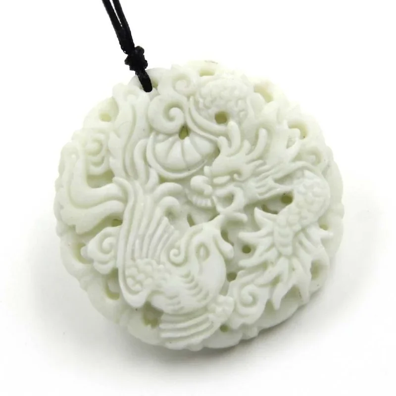 Natural White jade Dragon Phoenix Pendant Necklace Charm Jewellery Fashion Accessories Hand-carved Man Woman Lucky Amulet Gifts