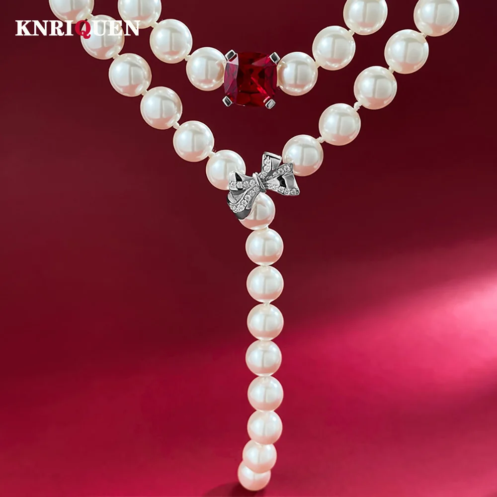 Charms 100% 925 Solid Silver 10*10mm Ruby 8mm Pearl Pendant Necklace for Women Cocktail Party Fine Jewelry Female Birthday Gift