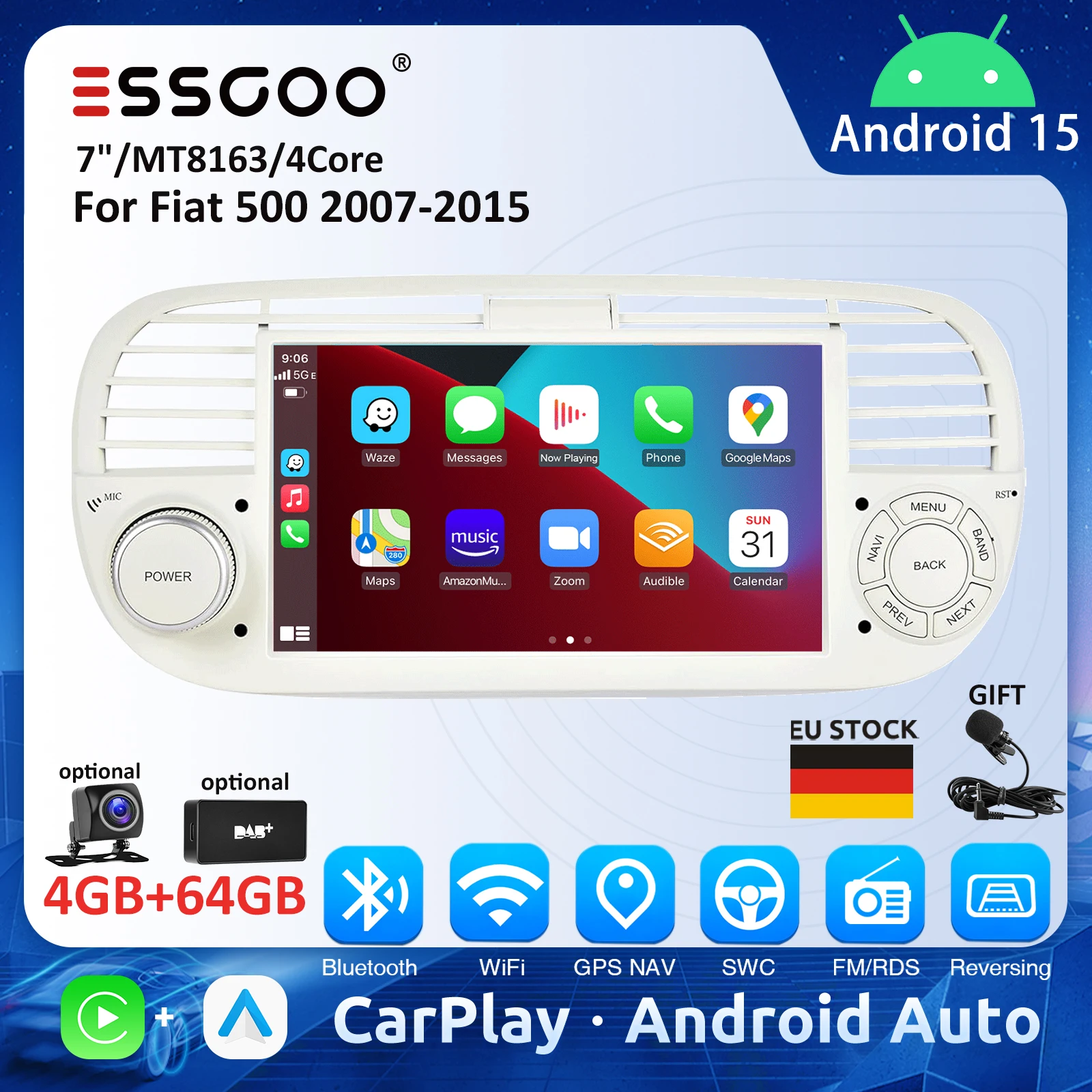 ESSGOO Radio de coche de 7 pulgadas para Fiat 500 2007-2015, Android auto Carplay, estéreo para coche, 4GB, 64GB, GPS, RDS, reproductor Multimedia automotriz