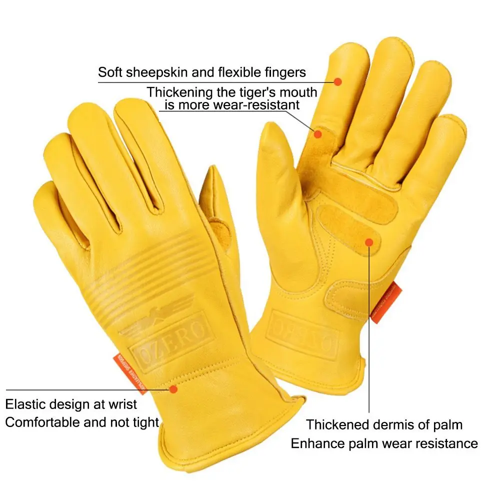 Sheepskin Leather Motorcycle Riding Gloves Yellow Black Wear Resistant Working Protective Gloves Keep Warm Breathable