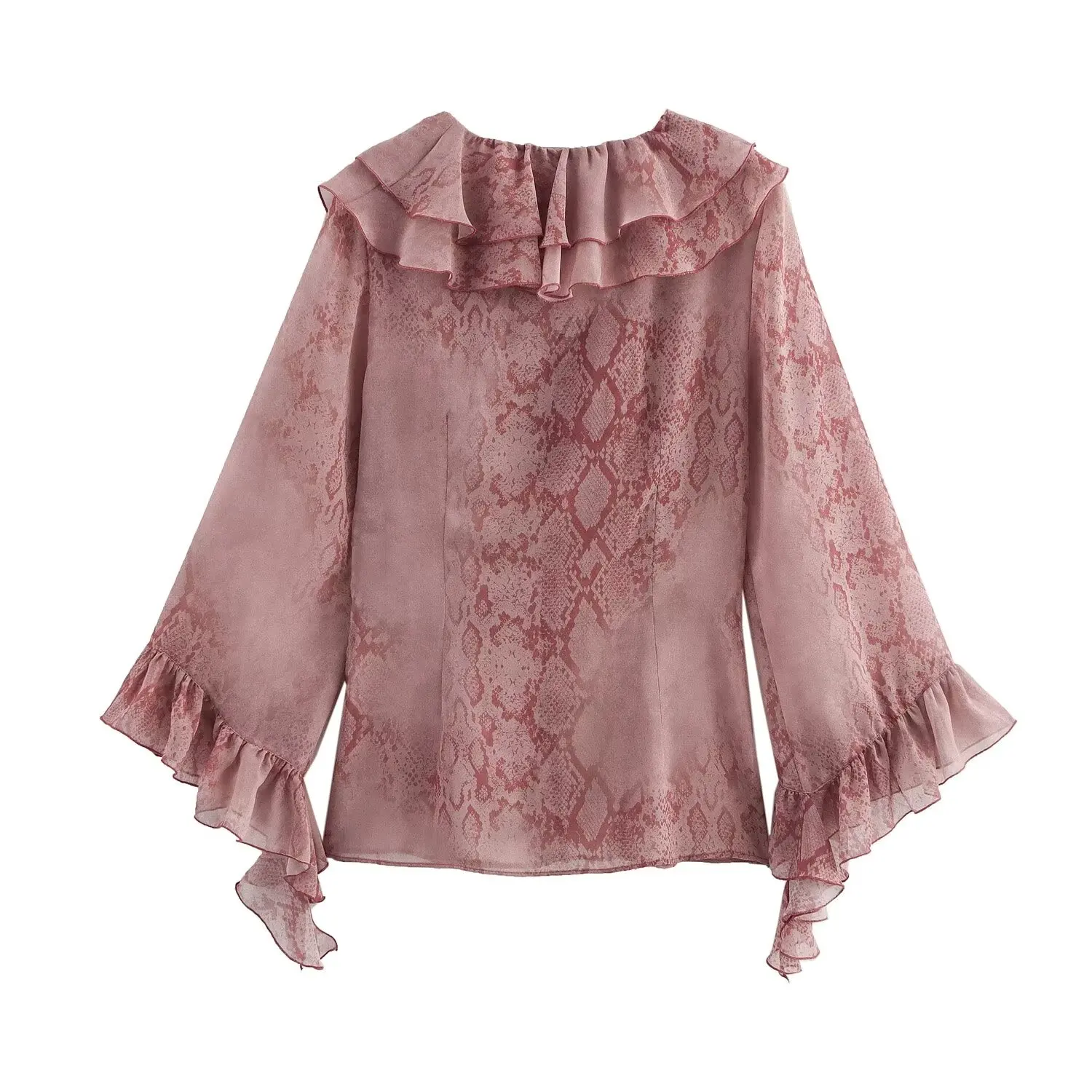 TRAFZA-Women Vintage Romantic Chiffon Cardigan Animal Print Batwing Sleeve Ruffled Blouse New 2025 Spring Summer Glamorous Shirt