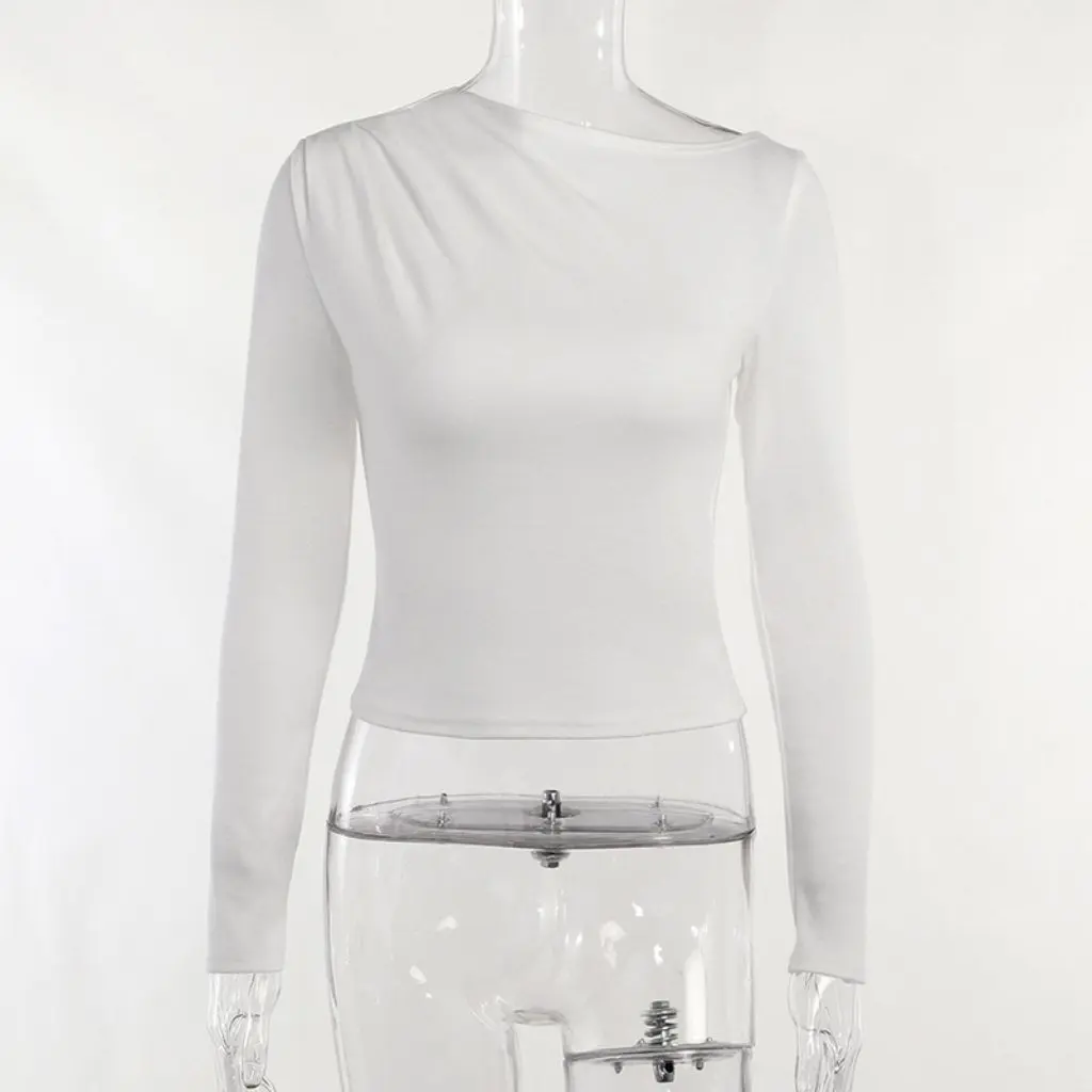 

Сплошная цветная плиссированная футболка с длинным рукавом и круглым вырезом, осень-зима, облегающая нижняя рубашка в европейском и американском стиле