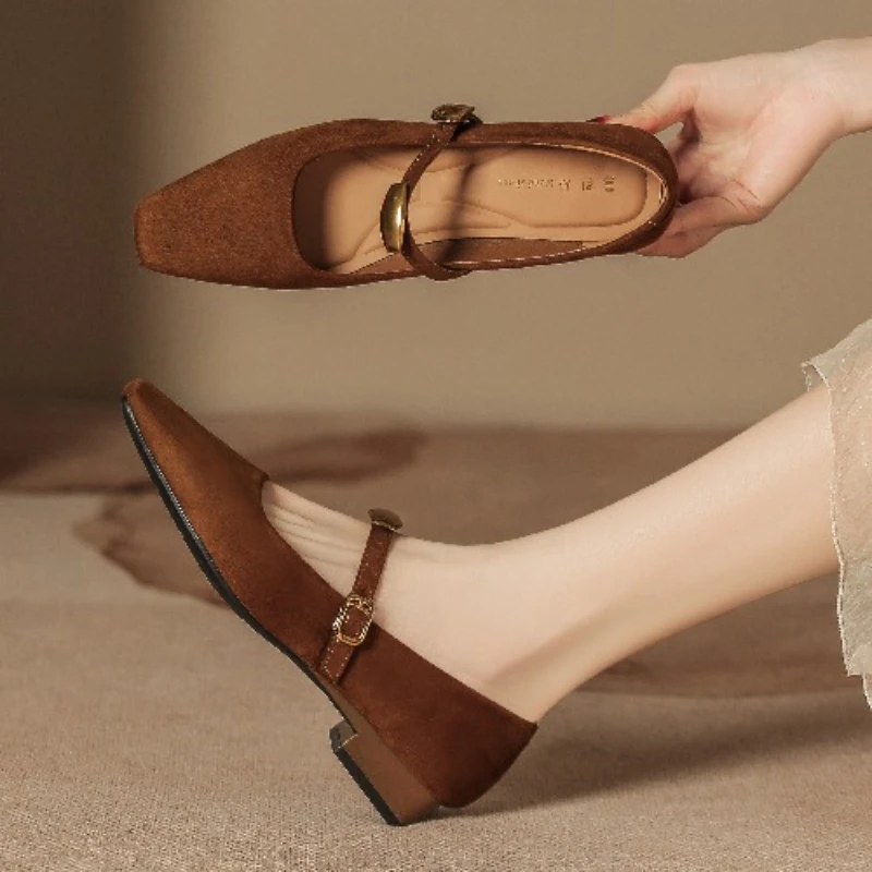 

Vintage Mary Jane Shoes Women Soft Sole Low Heel Square Toe Suede Flats Breathable Non-Slip Casual