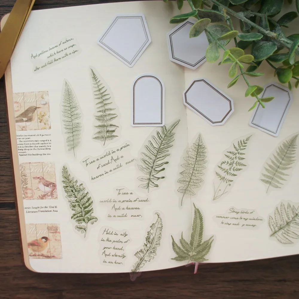 

38pcs Pen Drawing Tropical Fern Leaf Style PVC Sticker and Writing Mini Card Scrapbooking DIY Gift Packing Label Decoration Tag