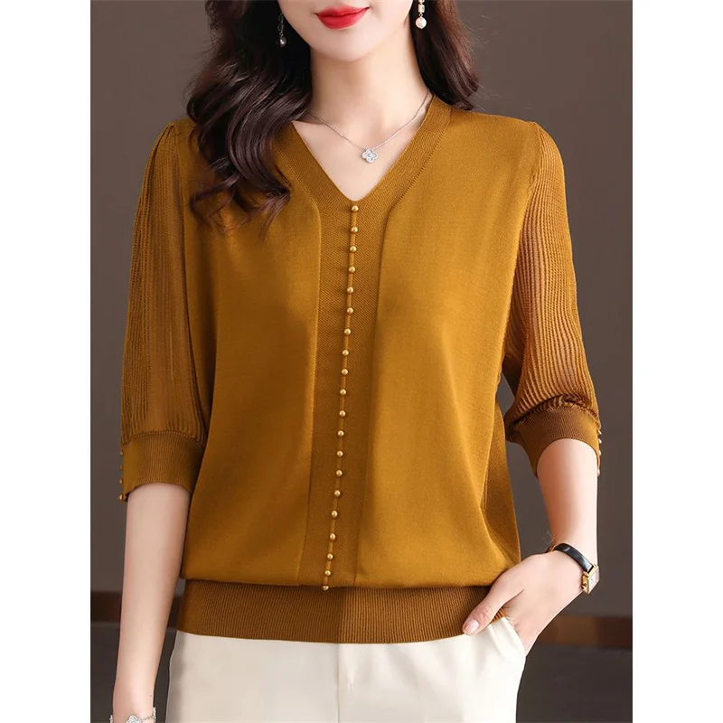 

Women Thin V-neck Mid-sleeve Cropped Sleeve Top Middle-aged Beaded Summer Knitted Ice Silk Shirt Half Sleeve T-shirt Small Shirt