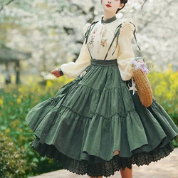 Vintage Strap Long Skirt Women Summer High Waisted Lace Up Pleated Skirts Lace Patchwork Skirt Jupe Femme