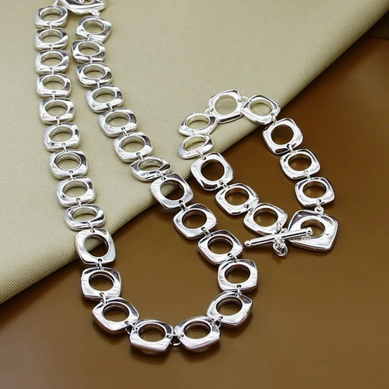

925 Sterling Silver Square Round Chain Necklace Bracelet Set For Women Man Charm Wedding Engagement Party Fashion Jewelry