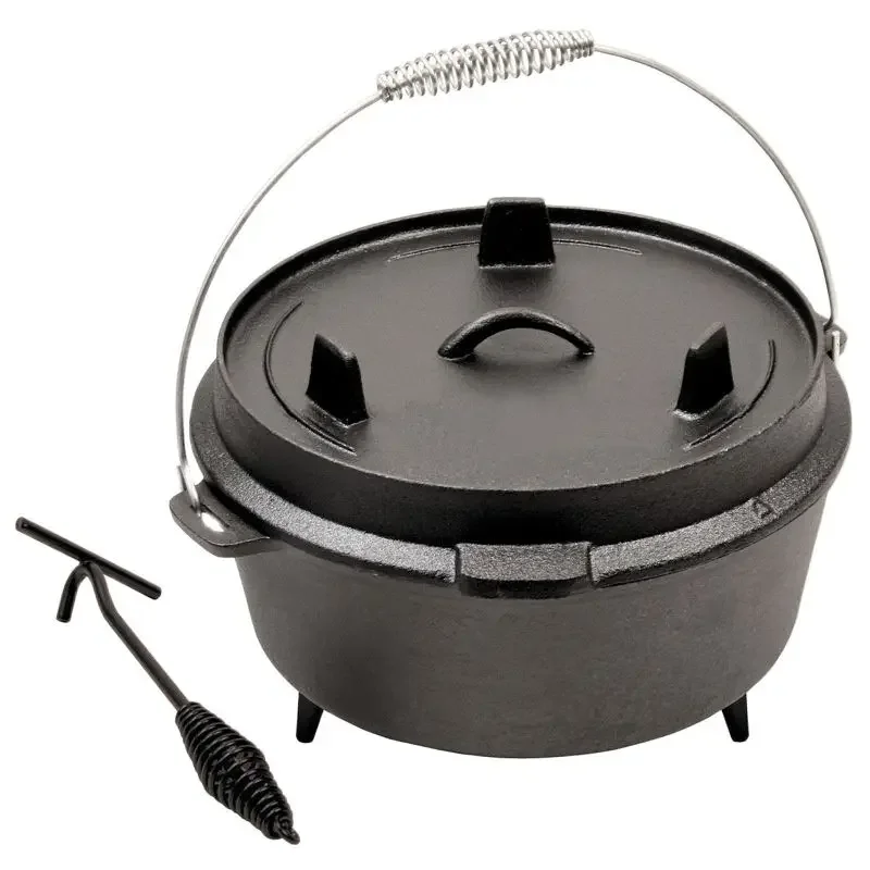 Cast Iron  Oven Camping Pot, Uncoated, Picnic, Multi-function, Outdoor Stew Pot, Barbecue Soup Pot, Cookware Tools, 25cm