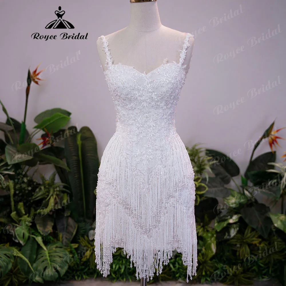 2027Floral Lace Strap Mini Wedding Dress Sweetheart Neck Pearl Fringe Sequin Bodycon Low Open Zipper Back Bridal Gown Customized