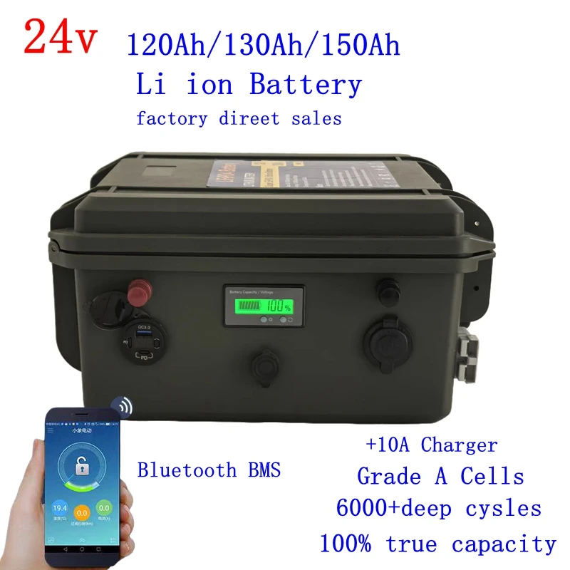 

24V 150Ah waterproof 24V 120AH Lithium ion battery 24V 130Ah li-ion for EV scooter golf cart UPS backup power +10A Charger