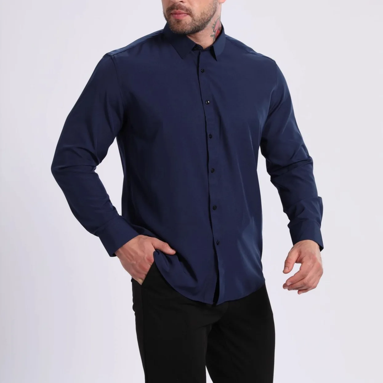

New summer lightweight large-sized men's shirt Ironless Anti-wrinkle Long-sleeved shirt Stretch pullover long-sleeved shirt