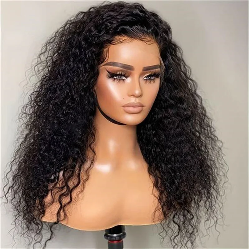 Perruque Lace Front Wig bouclée crépue noire naturelle pour femme, cheveux de bébé synthétiques, pré-épilés, doux, sans colle, long, 24 pouces, densité 180, 03/3