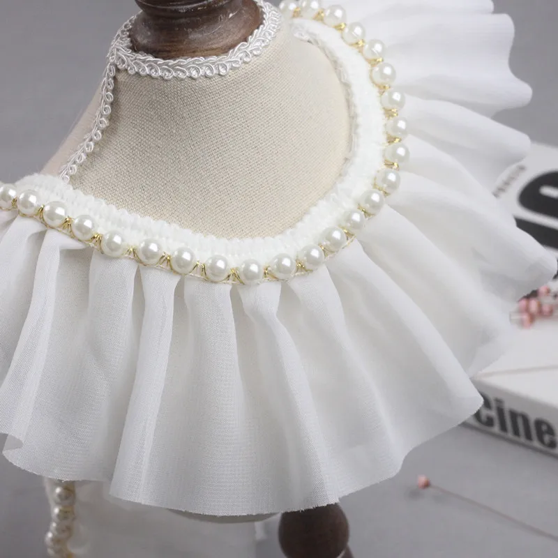 White Chiffon Pleated Beads Ribbon Trimmed Lace Fabric Ruffle Cuff Collar Skirt Hem Home Textiles Sewing Decorative Accessories