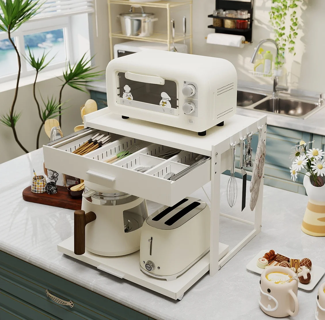 Kitchen Microwave Stand Rack with Drawer, Adjustable Height, Countertop Organizer for Toaster & Coffee Maker