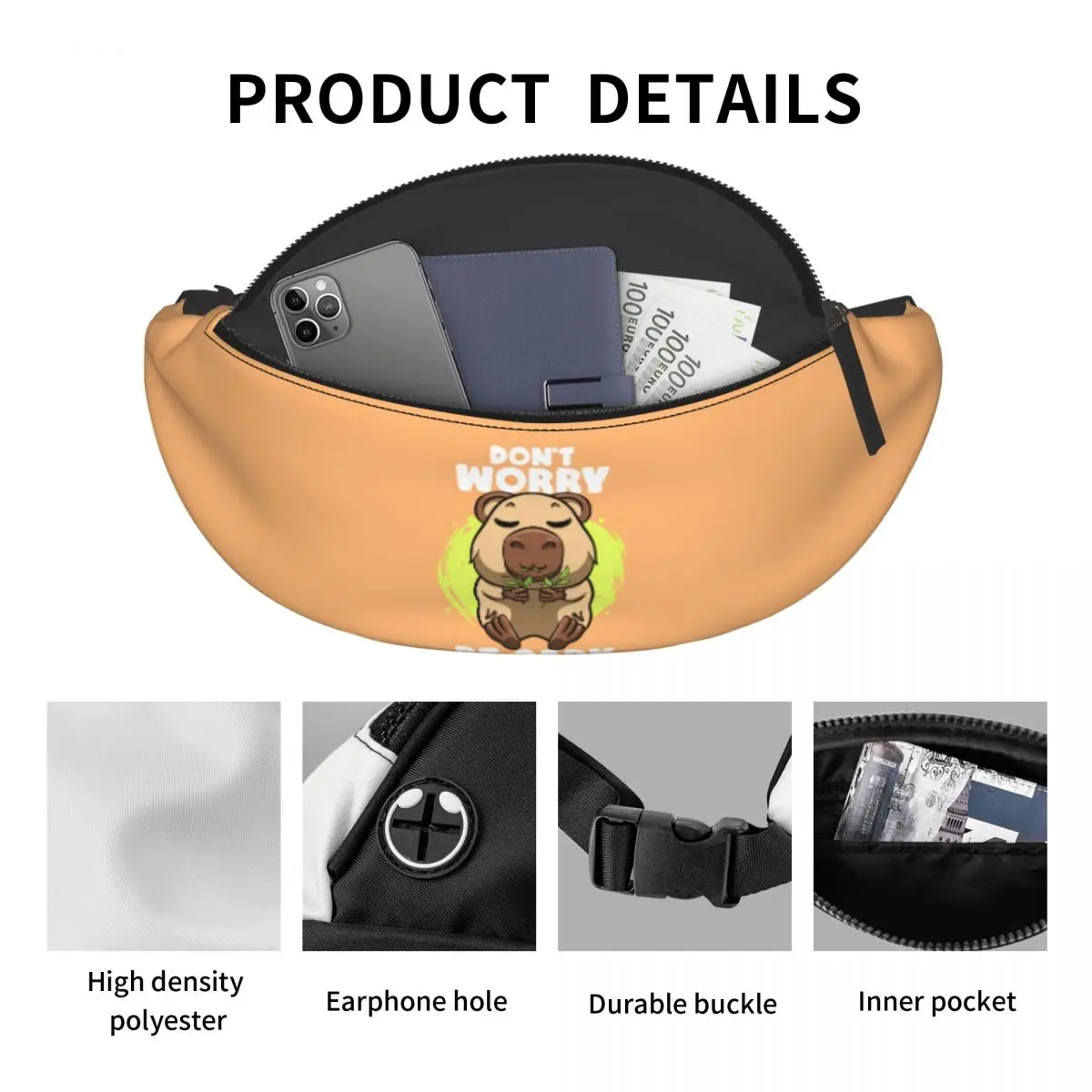 Funny Capybara Face Fanny Pack Men Women Custom Don't Worry Be Capy Crossbody Waist Bag for Travel Hiking Phone Money Pouch