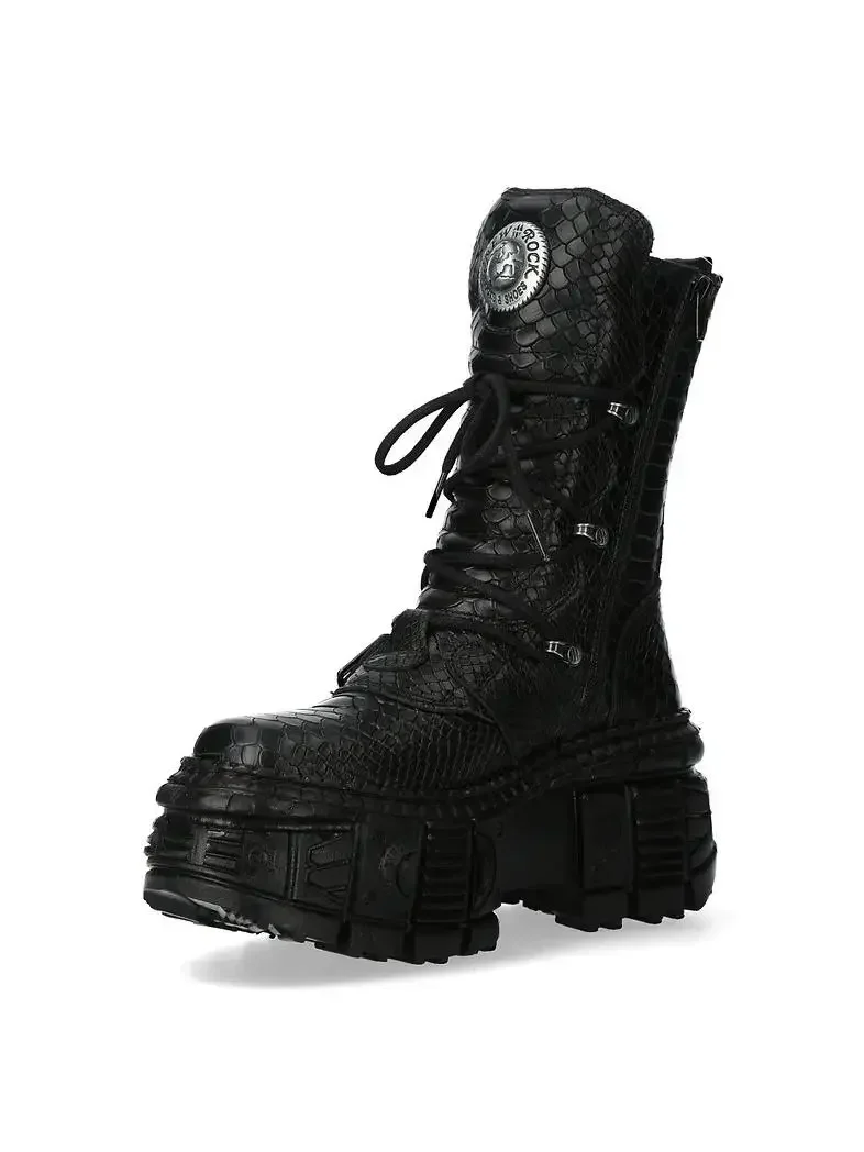 Men's Fashion Snake Pattern Genuine Leather Motorcycle Boots Goth Punk New Mid-calf Western Boots Metallic Platform Rock Boots view 2