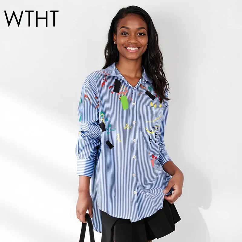 

WTHT New Trendy Women's Irregular Graffiti Striped Shirt 2025 Autumn Fashion Lapel Long Sleeves Loose Blouse Female 1LS2407