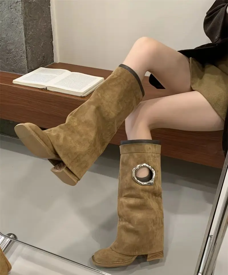 ZAROY Suede Knee High Boots Women Autumn Winter Square Toe Straight Leg Long Booties Punk Hole Chunky Heels Brand Designer Botas image 5