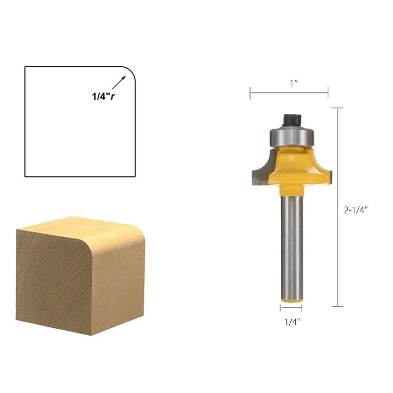 Set di 4 punte per fresa per bordi rotondi, gambo da 1/4 di pollice, 1/2 di pollice, 3/8 di pollice, 1/4 di pollice, raggio di 1/8 di pollice