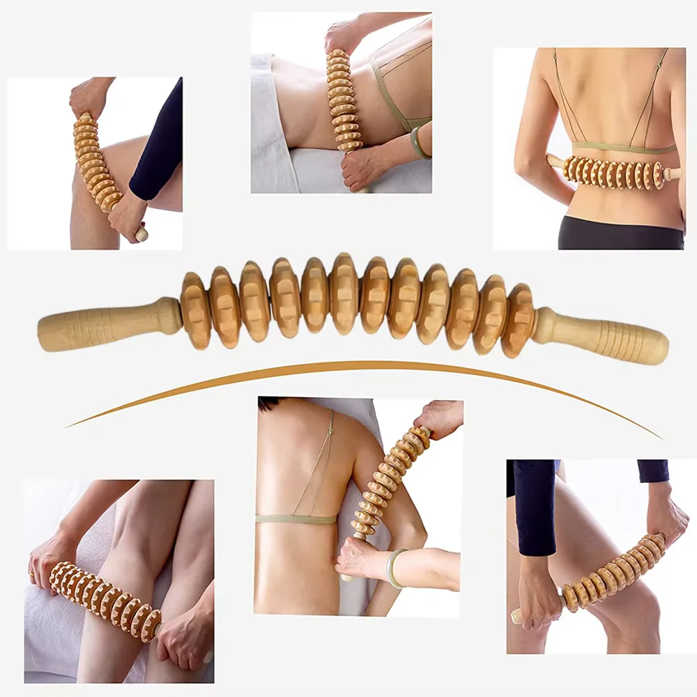 Body Fascia Massager Anti-slip Handle Wood Grooved Gear Arms Legs Thighs Buttocks Smooth Roller Massager for Back Relaxation