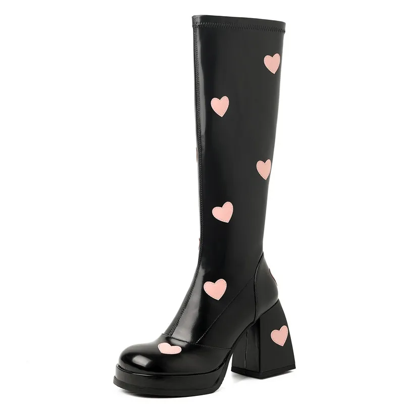 New Peach Heart Decoration Waterproof Platform Knight Boot Genuine Leather Elegant Super High Heels Women Thick Sole Length Boot