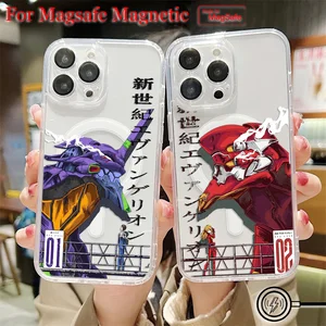 Casing Ponsel Magnetik Magsafe Anime untuk E-Evangelion iPhone 16 15 14 13 12 11 8 7 Plus Pro Max X XR XSMax Penutup Tpu Bening Lembut 12 kasus evangelion penjualan terbaik - №