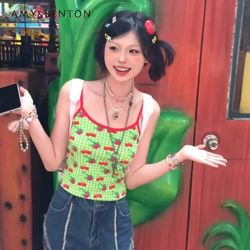 

2025 New Japanese Summer Y2k Sweet and Spicy Dopamine Fruit Plaid Cherry Apple Print Suspender Top Slim Holiday Vest For Women