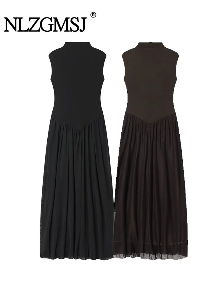 NLZGMSJ Mesh Plissee Lange Party Kleid Frauen Rollkragen Ärmelloses Dünnes Langes Kleid Mode 2025, Herbst Party Kleid