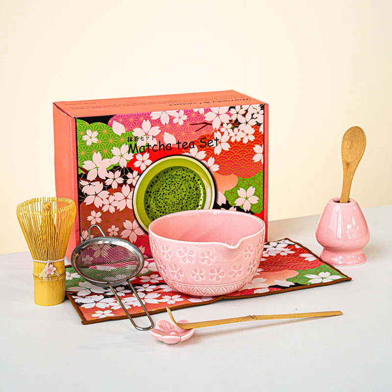 1 Juego de herramientas Matcha, cuenco matcha de cerámica rosa con pico, juego de herramientas para hacer desayuno y latte, juego de etiquetas matcha de regalo