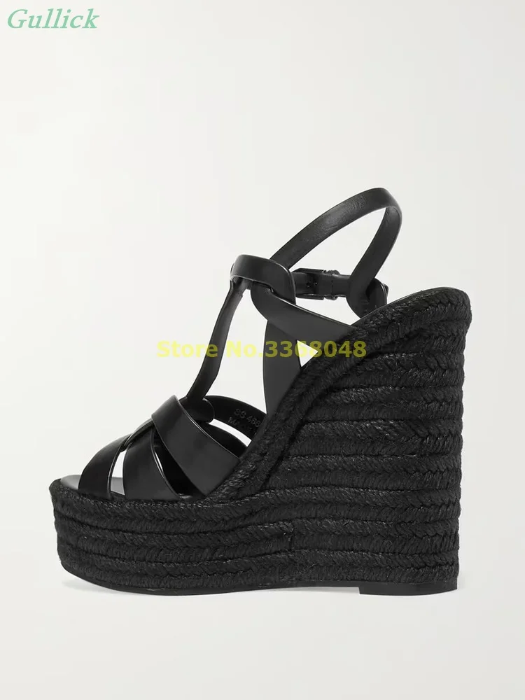 Woven Leather Espadrille Wedge Sandals Platform Open Toe Strappy Fashion Women Shoes Black Brown Summer Sandals