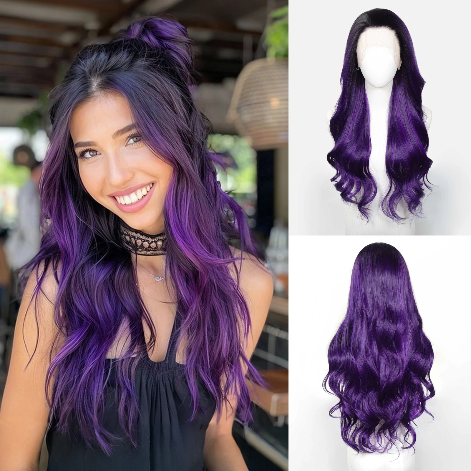 

24-дюймовые фиолетовые режущие синтетические волосы, прозрачные парики спереди, длинные вьющиеся волнистые шелковые 13*4, фронтальный парик шнурка, плотность 130%