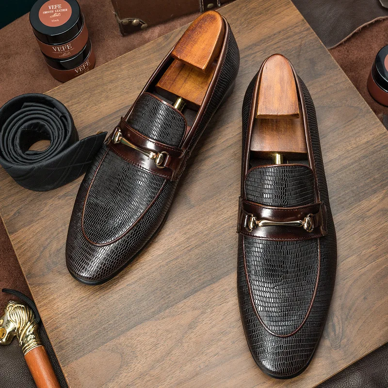 New men's British-style loafers, cowhide snake-pattern leather shoes, men's casual shoes, moccasins, large size