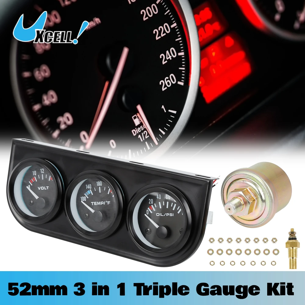 

Uxcell 3 in 1 Triple Gauge Kit 52mm Water Temp Volt Oil Pressure Gauge 0-100psi With Temp / Pressure Sensor For 12V Racing Car