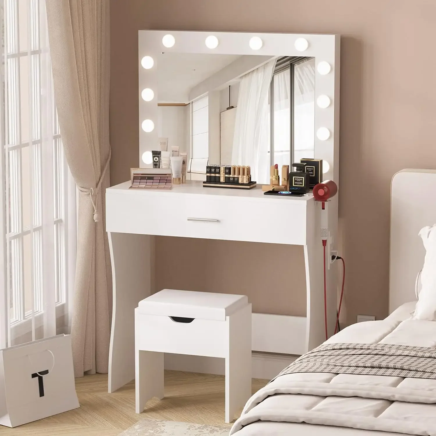 Makeup Vanity Desk with Mirror and 12 Lights 3 Color Modes, White Vanity Table for Bedroom with Charging Station, Vanity Set