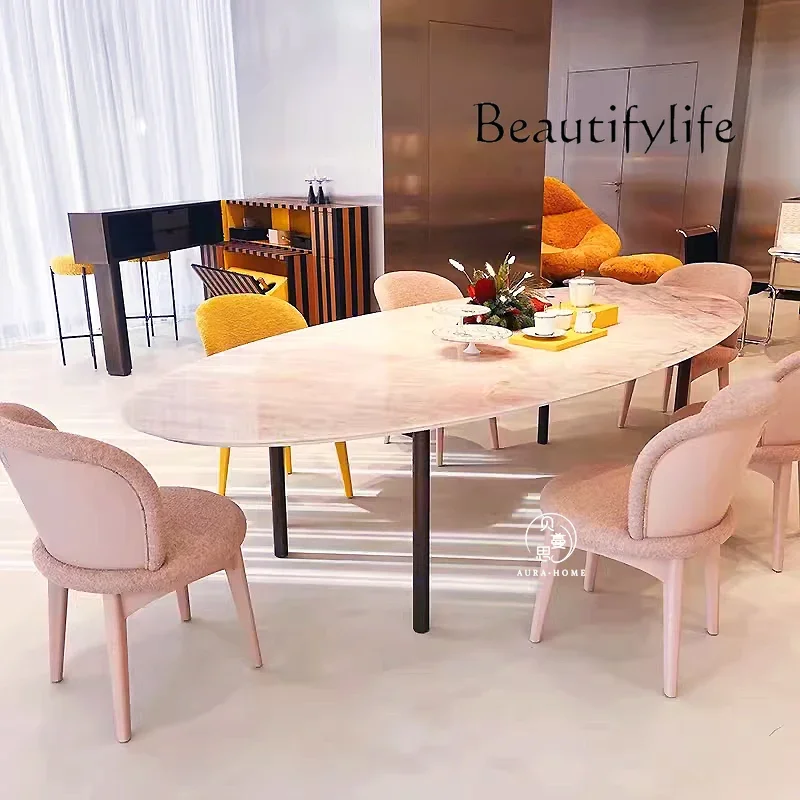 Light luxury pink jade marble dining table Modern minimalist designer luxury restaurant Home oval dining table