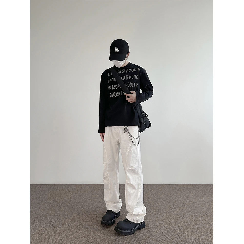 American Retro Pleated Straight Leg Workwear Pants Men's Sli Slim Fit Narrow Version Cool Folded Casual Trousers