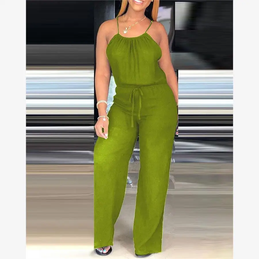 Mono informal de Color puro con cordón para mujer, traje de una pieza con tirantes finos, pantalones largos de calle, tela de poliéster