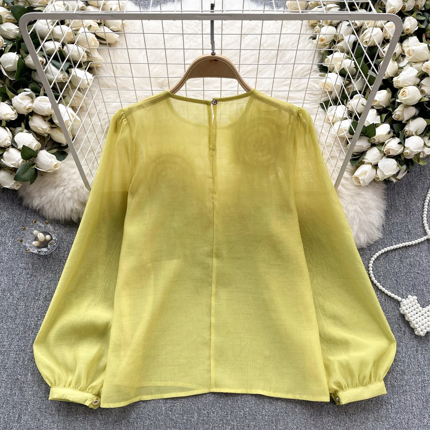 Elegant Long Puff Sleeve Vintage O-neck Chic Rhinestone Three-dimensional Floral Top French Streetwear High Street Autumn Blouse