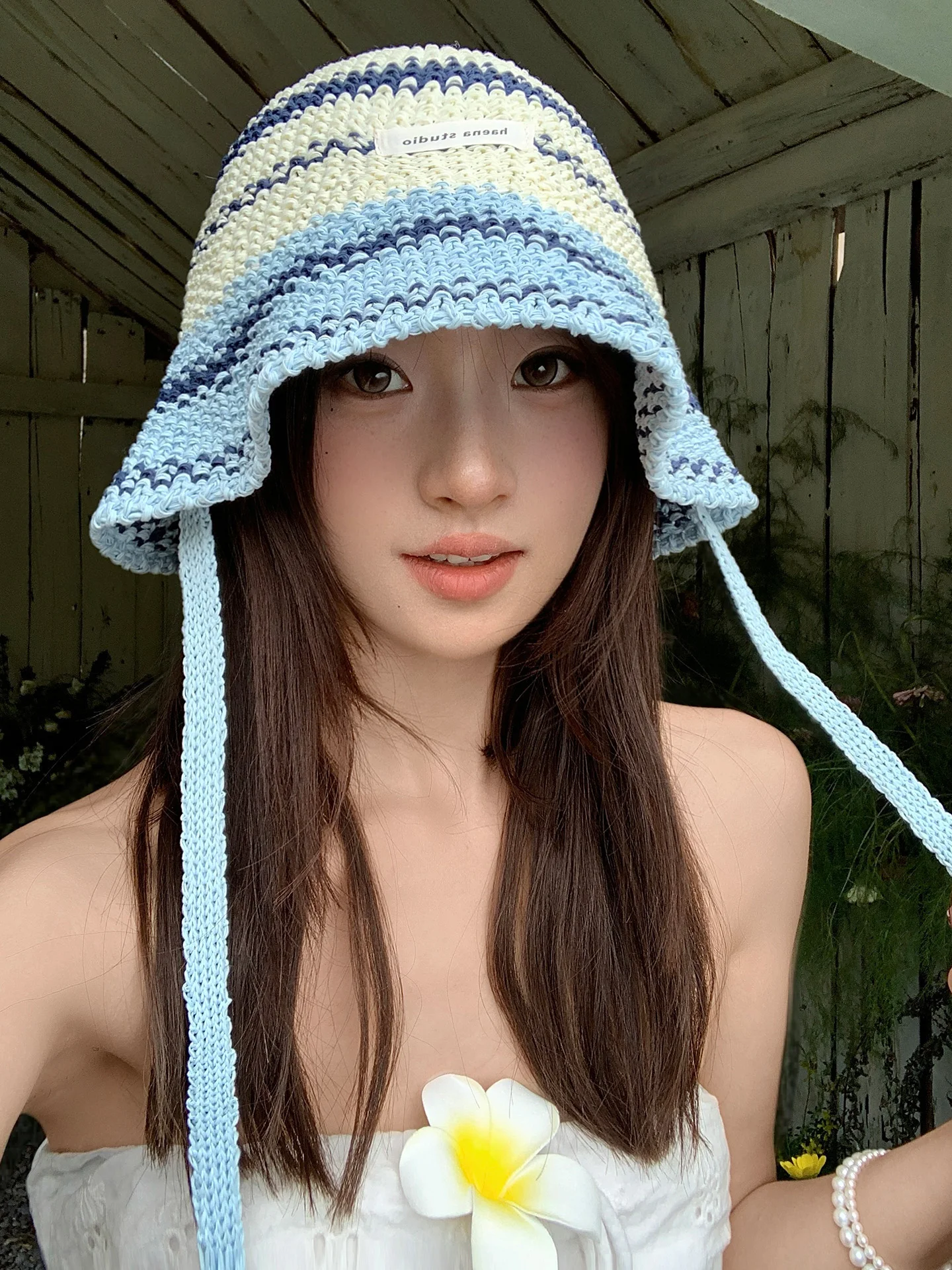Blue White Striped Knitted Fisherman Hat Women's Summer Sun Protection Hat Face Slimming Breathable Hollow out Bucket Hat