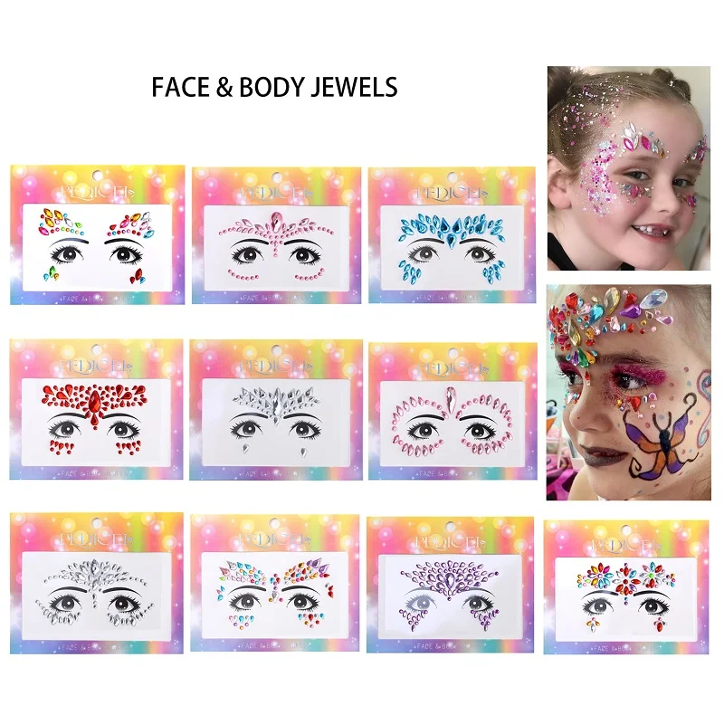 3D Rhinestone Bright Face Stickers for Festival Glitter Makeup Jewelry Sticker on Face for Kids Gems Jewels Diamonds Decoration