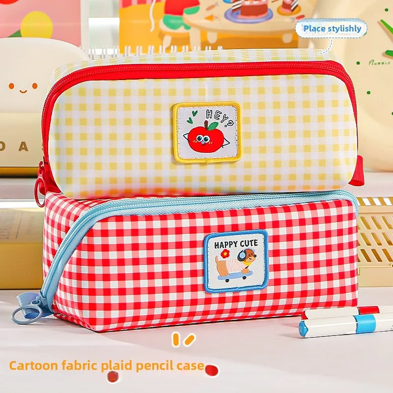 Cute Cartoon Apple Checkered Pencil Case Large Capacity Stationery Bag Aesthetic Pen Pouch for Student School Office Supplies
