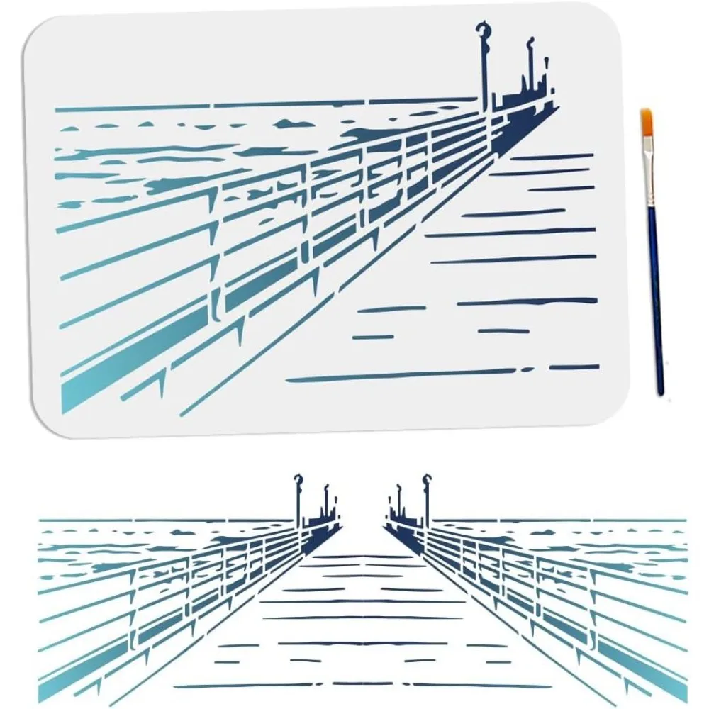 Large Coastal Bridge Painting Template - 21x7.6 Reusable Scenic Ocean Stencil with Brush for Canvas Fabric Wall Art Decor