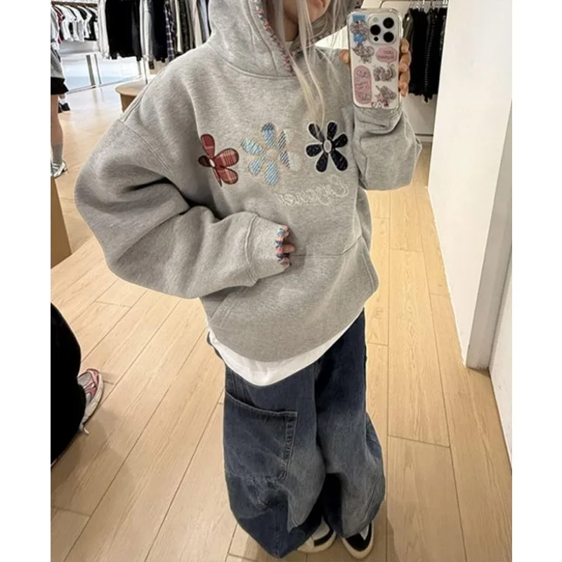 

American High-street Webbing Hoodie with Embroidered Flowers Fleece-lined Heavyweight Gray Couple's Sweatshirt