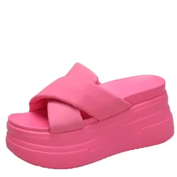 High Platform Slippers for Women Open Toe Leather Wedges Chunky Sandals New 2025 Summer Thick Bottom Female Beach Flip Flops 9CM
