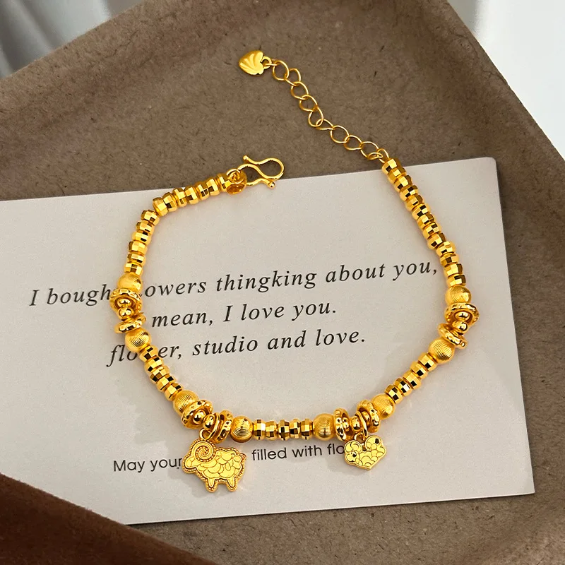 Luxury 9999 24K Real Gold Crushed Ice Rolled Sheep Bracelet Year of the Sheep Zodiac Bracelet Light Luxury High-end Gift Women